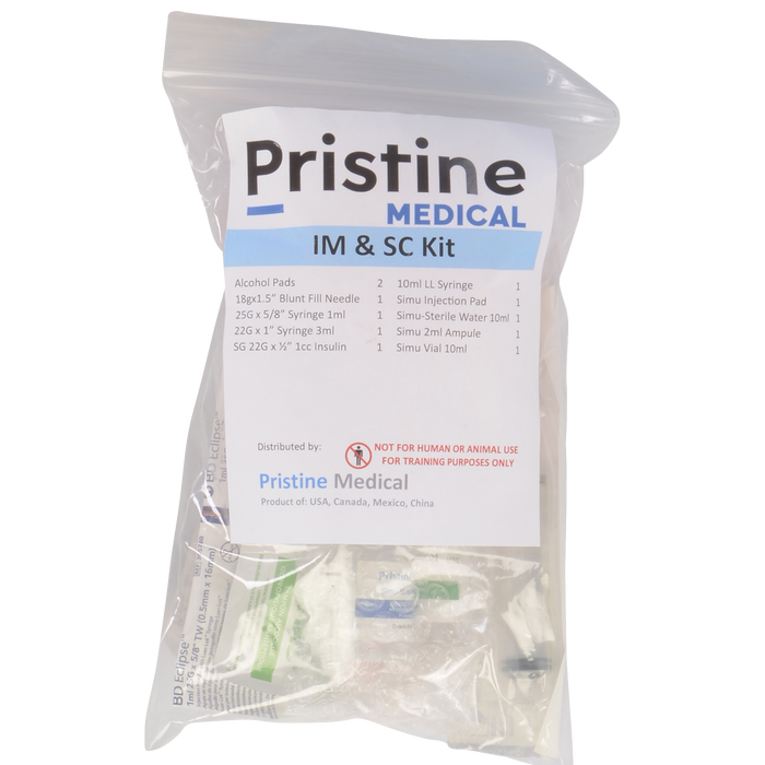 A Pristine Medical IM & SC kit, containing syringes, needles, alcohol pads, and simulated solutions, is sealed in a plastic bag; for training purposes only.