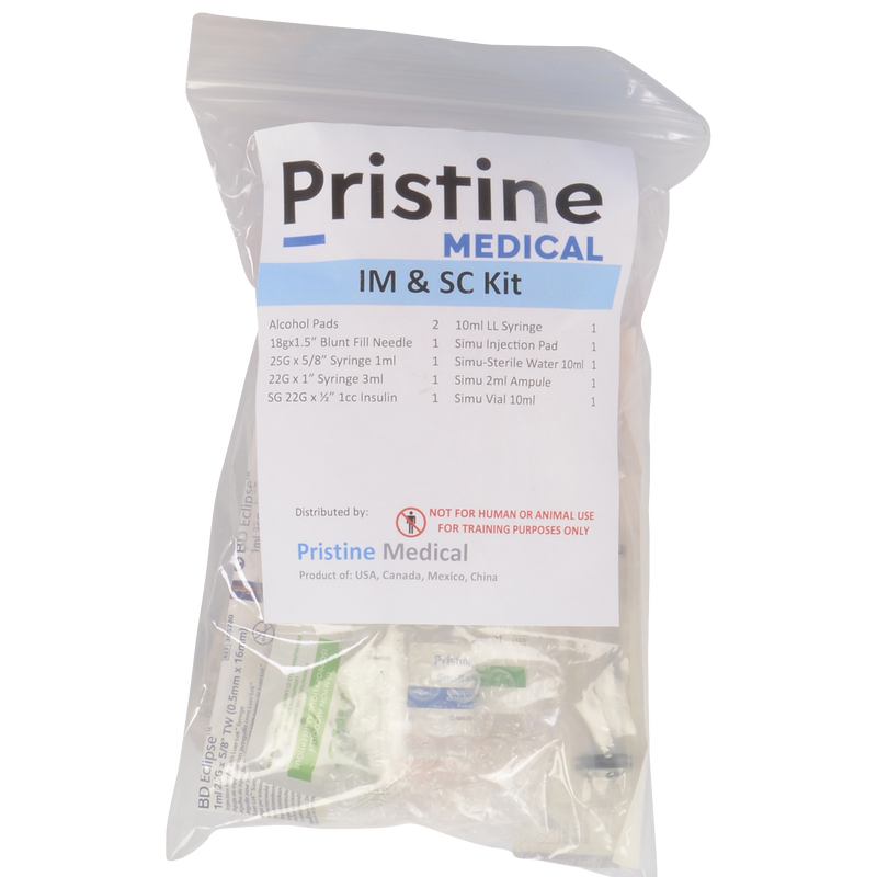 A Pristine Medical IM & SC kit, containing syringes, needles, alcohol pads, and simulated solutions, is sealed in a plastic bag; for training purposes only.