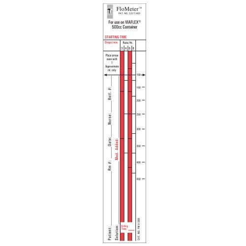 A red, vertical, graduated scale measures medication; it's used to track medication addition over time on a 500cc VIAFLEX container.