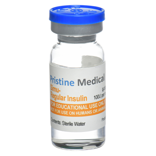 A small, clear vial of Pristine Medical Simu-Regular Insulin sits upright; it is for educational use only, not for humans or animals; the contents are sterile water.