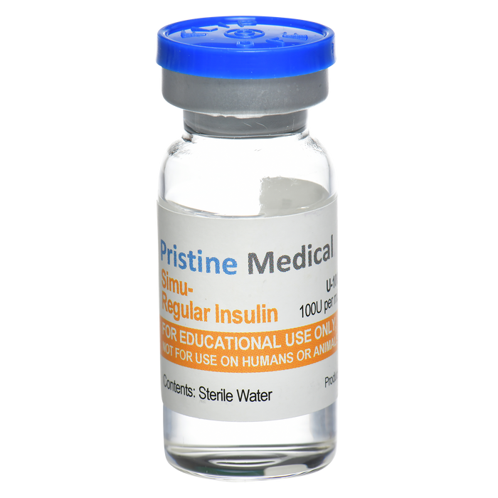 A small, clear vial of Pristine Medical Simu-Regular Insulin sits upright; it is for educational use only, not for humans or animals; the contents are sterile water.