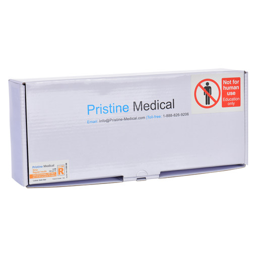A white Pristine Medical box sits on a surface. It contains items for educational use only, not for human use. Contact information is printed on the box.