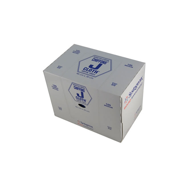 A cardboard box contains 100 medium J Cloth hospital towels, measuring 46cm x 30cm. The box is white with blue text and logo.