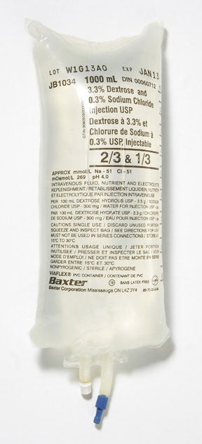 A Baxter intravenous fluid bag containing 1000 mL of 3.3% dextrose and 0.3% sodium chloride solution, hangs ready for administration.