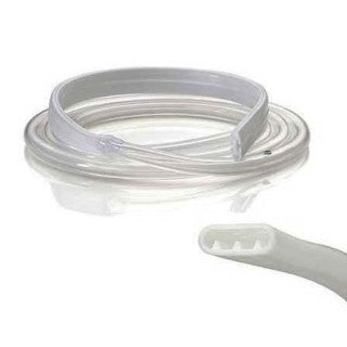 A flexible, translucent tube, coiled on a surface, with a separate, ridged end piece. It appears to be a medical or industrial component.