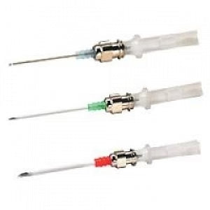 Three intravenous catheters, exhibiting varying colored hubs, are presented against a stark white backdrop. The catheters are positioned horizontally, one above the other.