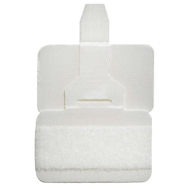A white fabric fastener, folded, sits on a white background. The top section has a finger loop; the bottom section is hook-and-loop.