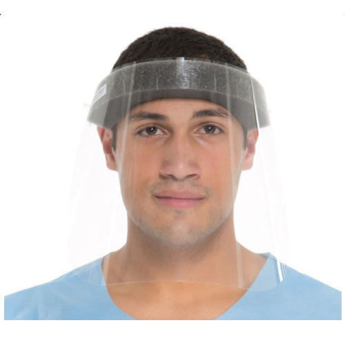 A man wears a clear plastic face shield with a foam headband against a white background.