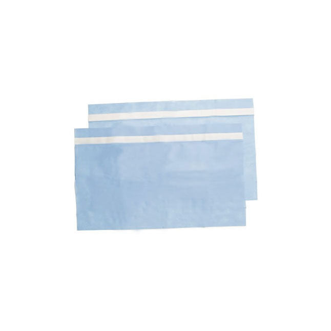 Two light-blue, rectangular pouches with adhesive strips are stacked on a white background.