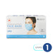 A box of 50, 3-ply premium medical face masks sits on a white background. The box displays a woman wearing a mask, and specifications regarding its features and ASTM Level 1 compliance.