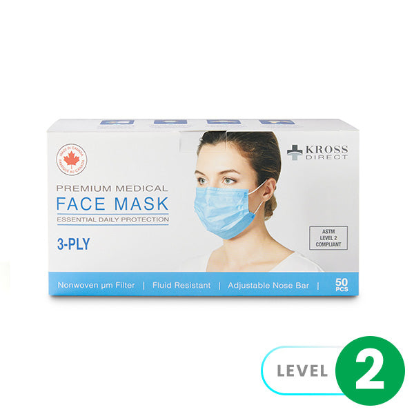 A box of 50, 3-ply premium medical face masks sits on a white background. The box displays a woman wearing a mask and indicates ASTM Level 2 compliance.