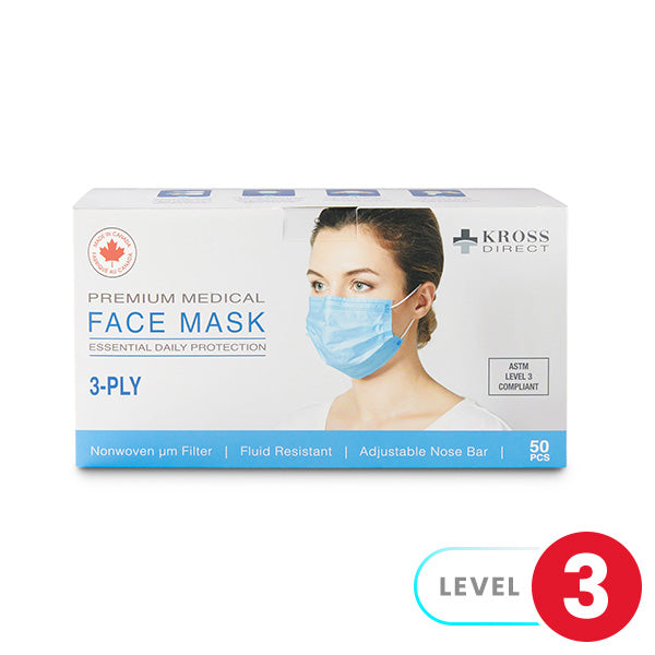 A box of 50 three-ply face masks displays a model wearing one. The masks are premium medical grade, fluid-resistant, and ASTM Level 3 compliant.