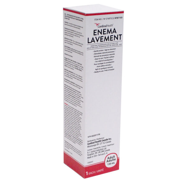 A Cardinal Health Enema Lavement box stands upright. It contains a sodium phosphate solution for bowel evacuation. The box displays product information in English and French.