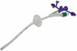 A Kangaroo feeding tube lies on a white background. It is a flexible, clear tube with a circular connector and a purple multi-port connector.