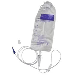 A flexible plastic bag containing fluid hangs from a tube and is connected to a short, thin cord; it is ready for intravenous administration.