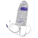 A flexible plastic bag containing fluid hangs from a tube and is connected to a short, thin cord; it is ready for intravenous administration.