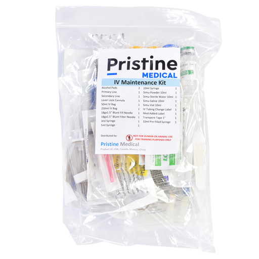 A Pristine Medical IV Maintenance Kit, containing various medical supplies, is sealed in a transparent plastic bag. The bag's label lists the kit's contents. "NOT FOR HUMAN OR ANIMAL USE FOR TRAINING PURPOSES ONLY" is printed on the label.