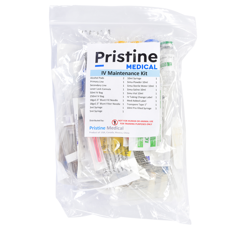 A Pristine Medical IV Maintenance Kit, containing various medical supplies, is sealed in a transparent plastic bag. The bag's label lists the kit's contents. "NOT FOR HUMAN OR ANIMAL USE FOR TRAINING PURPOSES ONLY" is printed on the label.