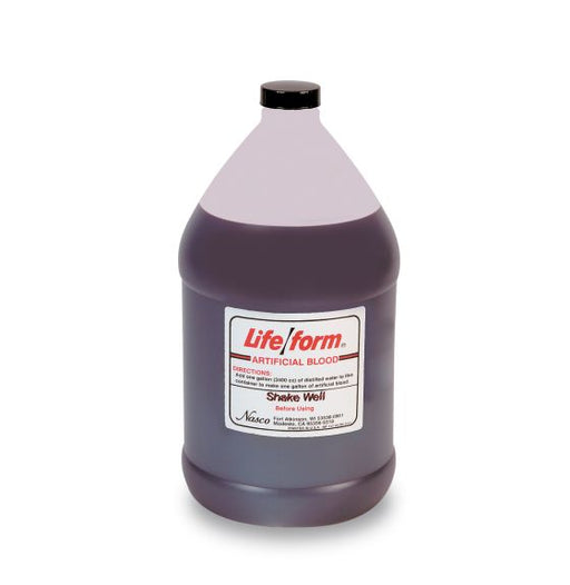 A dark-purple liquid, contained in a plastic jug, sits on a white background. The label reads: Life/form ARTIFICIAL BLOOD. DIRECTIONS: Shake Well Before Using. Nasco.