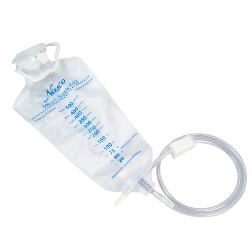 A 500 mL Nasco supply bag, sits on a white background with a clear tube attached.