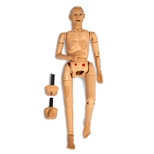 A medical training mannequin sits against a black background; its segmented limbs are articulated. Two additional detachable body parts lie separately.