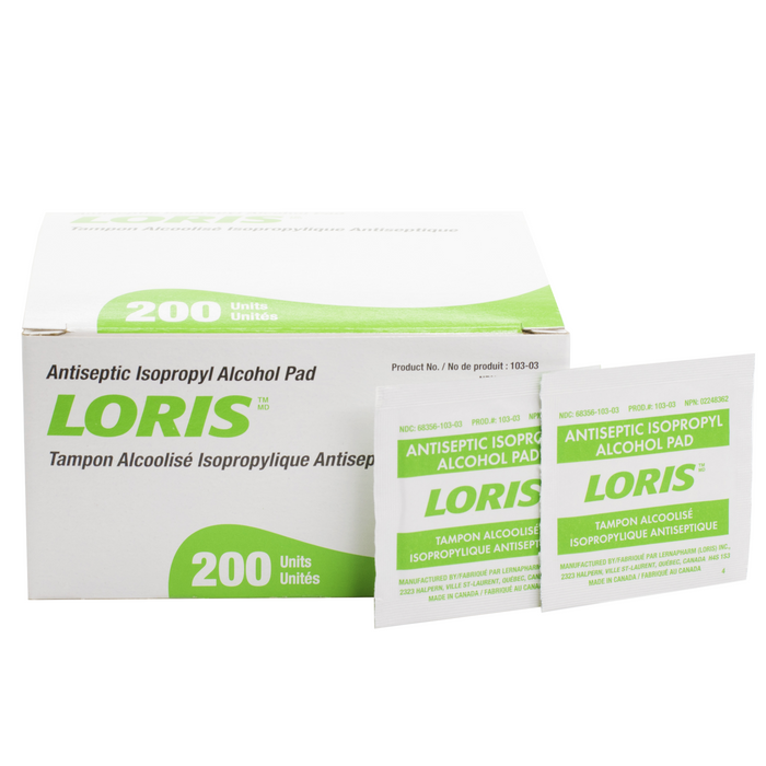 A box of 200 antiseptic isopropyl alcohol pads sits beside two individual packets of the same product. The box and packets are labeled "LORIS".