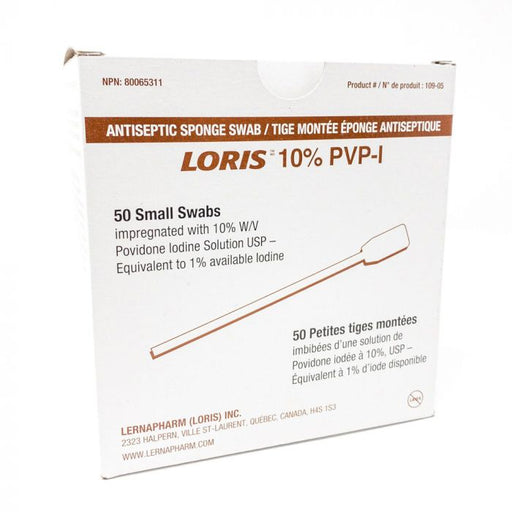 A box of 50 antiseptic swabs, shown upright, contains povidone-iodine solution. The box's label provides product details and manufacturer information.