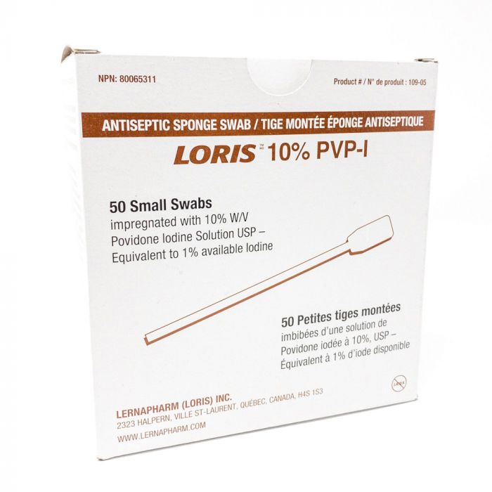 A box of 50 antiseptic swabs, shown upright, contains povidone-iodine solution. The box's label provides product details and manufacturer information.