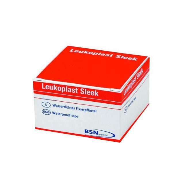 A box of Leukoplast Sleek waterproof tape sits on a white background. The box is red and white, with the product name and descriptions in multiple languages. BSN medical is printed on the bottom.
