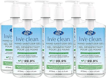 Six bottles of Live Clean hand sanitizer, arranged in two rows, sit on a plain background. Each bottle has a pump dispenser and features a label indicating it contains 60% alcohol.