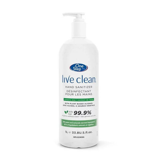 A pump bottle of One Step live clean hand sanitizer sits on a white background. It contains plant-based alcohol and kills 99.9% of germs. The bottle is 1L (33.8 U.S. fl. oz.).