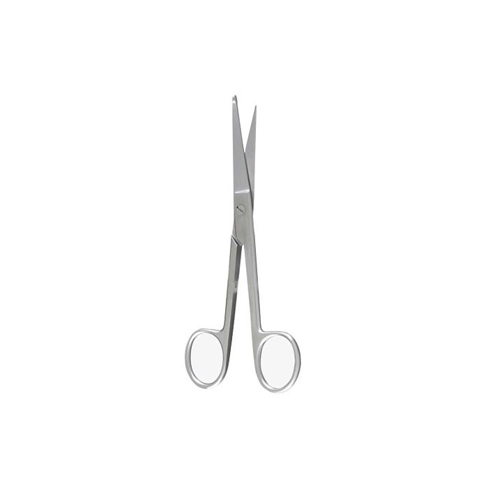 A pair of small, straight surgical scissors rests on a plain white background.