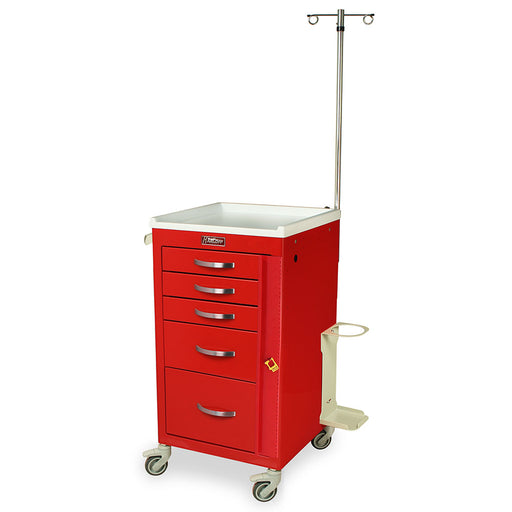 A red medical cart with five drawers and an IV pole stands on wheels in a medical setting.