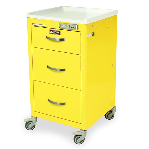 A yellow metal cart with three drawers and a white top sits on four wheels. It features a digital lock and a "Harloff" label.