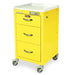A yellow metal cart with three drawers and a white top sits on four wheels. It features a digital lock and a "Harloff" label.