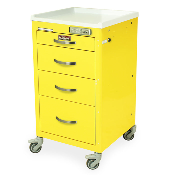 A yellow metal cart with four drawers and a white top sits on wheels. A digital lock is on top. A Harloff logo is on the top drawer.
