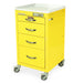 A yellow metal cart with four drawers and a white top sits on wheels. A digital lock is on top. A Harloff logo is on the top drawer.