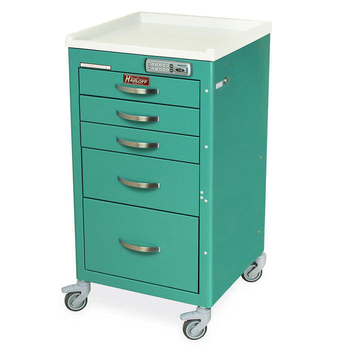 A teal metal cart with five drawers and a keyed lock sits on four wheels. The cart has a white top surface. A label on the front reads "HARLOFF".
