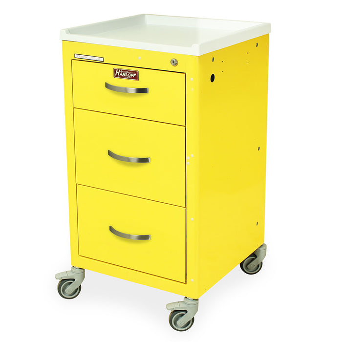 A yellow, three-drawer rolling cabinet sits on a white surface. The top is white. "HARLOFF" is printed on a label on the top drawer.