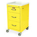 A yellow, three-drawer rolling cabinet sits on a white surface. The top is white. "HARLOFF" is printed on a label on the top drawer.