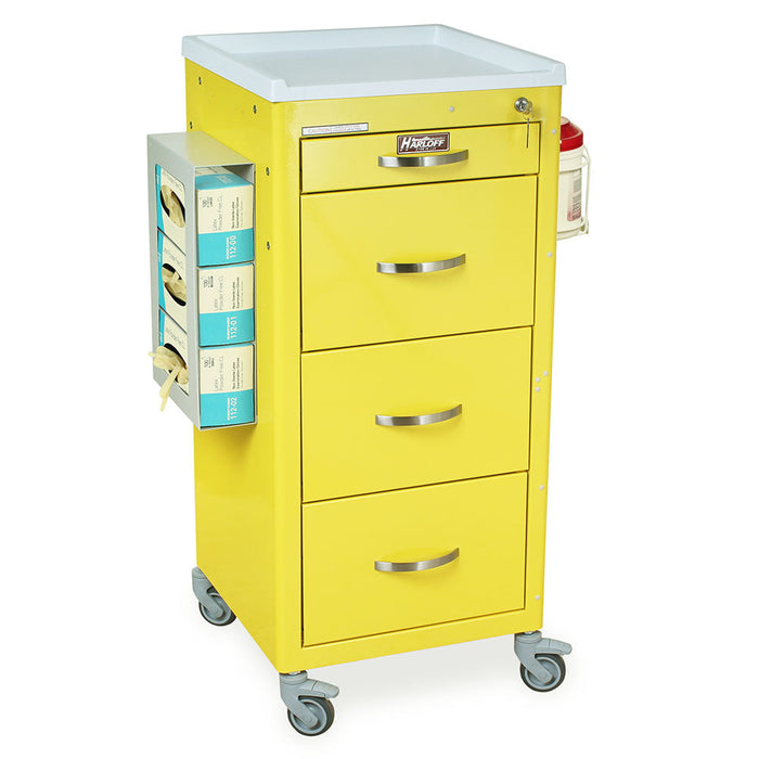 A yellow metal cart with four drawers and a side-mounted dispenser sits on wheels. It contains various boxes of gloves. The cart is labeled "Harloff".
