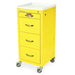 A yellow metal cabinet with four drawers sits on wheels. The top is white. A label on the top drawer reads "Harloff".