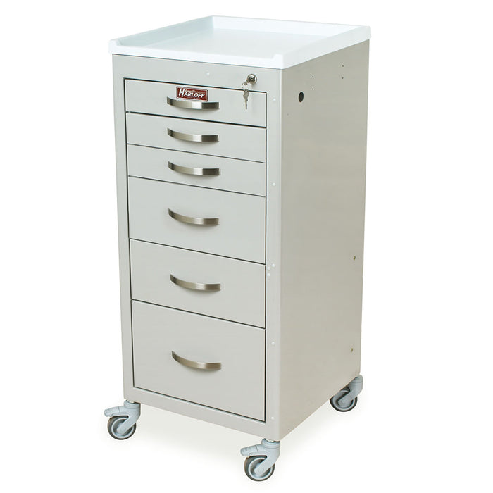 A light gray metal cart with six drawers and a white top sits on four wheels. A key is in the lock. The brand name "HARLOFF" is visible.