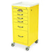A yellow metal cart with six drawers and a top surface sits on four wheels. The top drawer displays the label "HARLOFF".