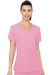 A pink v-neck scrub top is being modeled by a woman against a white background. The top has short sleeves and appears to be made of a lightweight fabric.