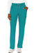 Teal scrub pants are modeled against a white background. The pants are straight-legged and have pockets. A person's hands are in the pockets.