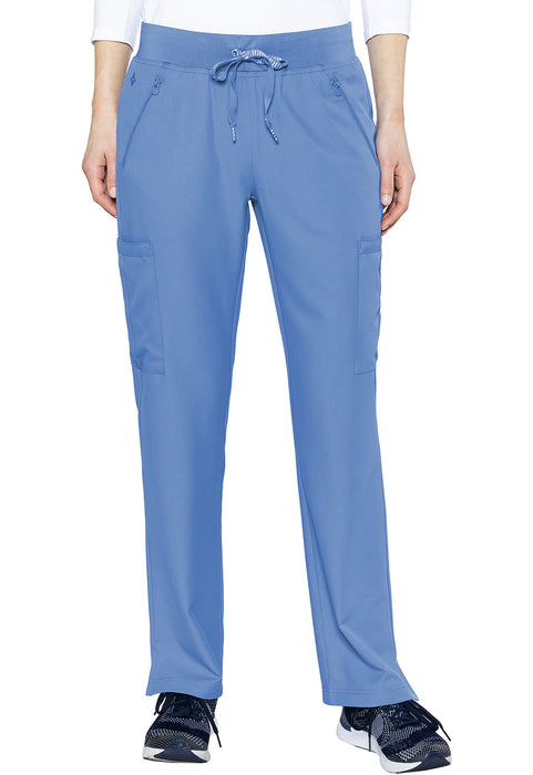 A pair of light blue cargo pants is being modeled, displayed straight on against a white background.