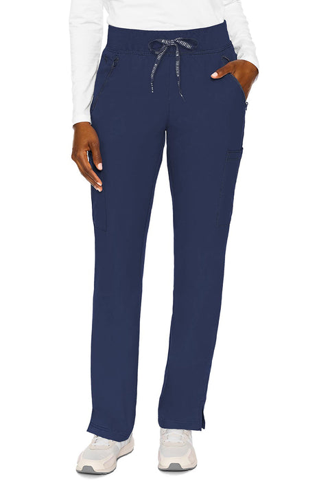 A pair of dark blue drawstring pants hangs straight, displayed on a model against a plain white background.