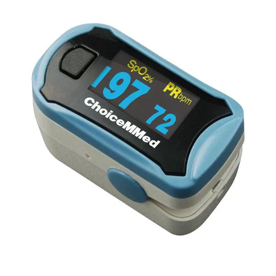 A pulse oximeter displays SpO₂ 97% and PR bpm 72 on its screen; it rests on a white background. ChoiceMMed is printed on the device.