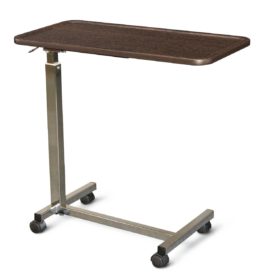 A dark brown rectangular tabletop sits atop a metal frame with wheels, extending from a central upright support. The table is positioned against a plain white background.